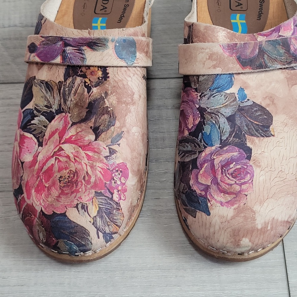 🌸Moheda Sweden Floral Leather Wooden Clogs Women 40 /US 9-9.5 (c-video) - Picture 5 of 16